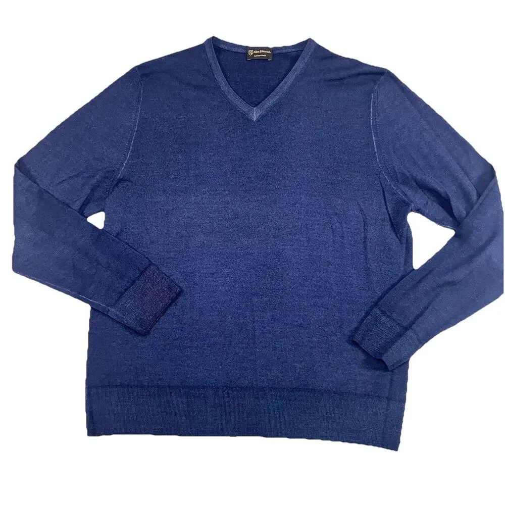 Allen Edmonds Sweater Mens Size XL Navy Blue V-Neck Fine Merino Wool Italy *READ
